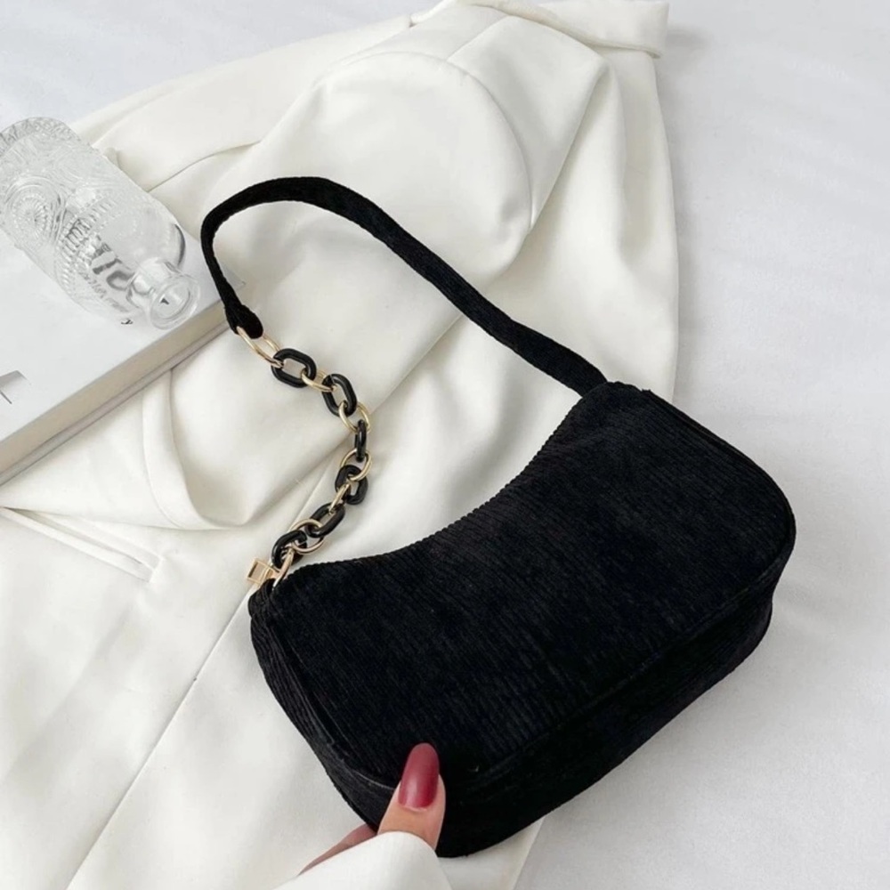 Black Corduroy Velvet Shoulder Bag withChain Strap Detail + Gold Hardware NWOT - Picture 7 of 8